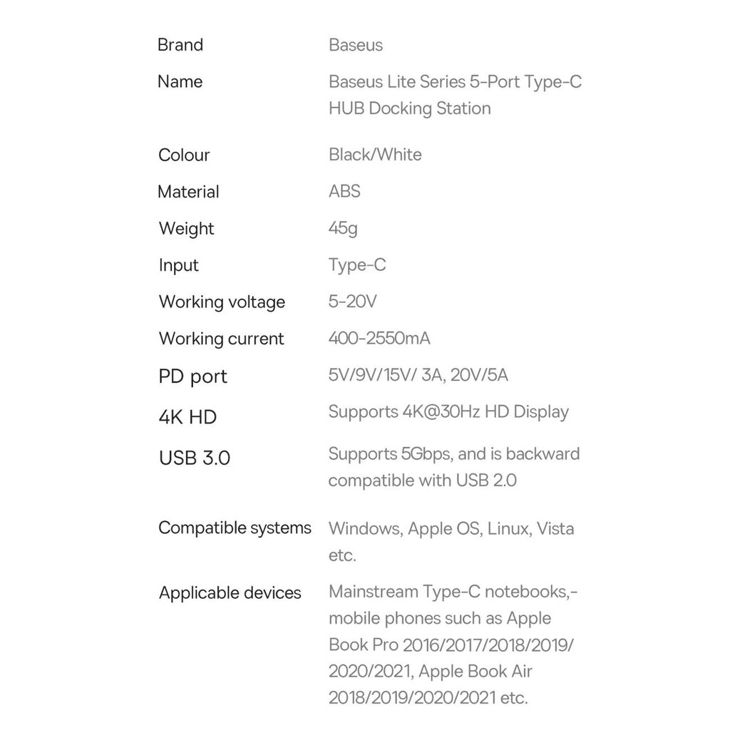 Baseus Lite Series adapter HUB USB Type C - HDMI / 4x USB 3.0 20cm black (WKQX040001) cena un informācija | Adapteri un USB centrmezgli | 220.lv