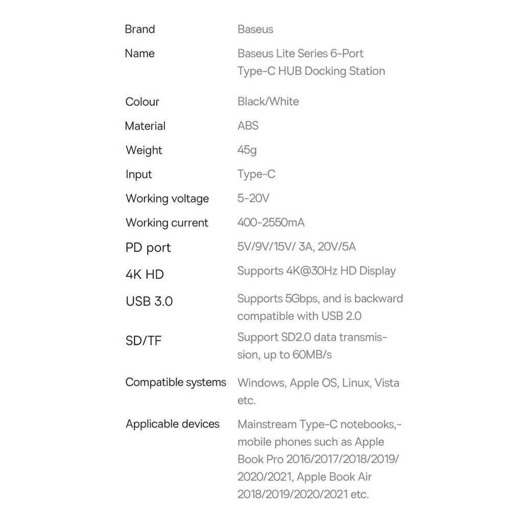 Baseus Lite Series multifunctional HUB USB Type C - 2 x USB 3.0 / USB Type C PD / HDMI 1,4 / SD / TF black (WKQX050101) cena un informācija | Adapteri un USB centrmezgli | 220.lv