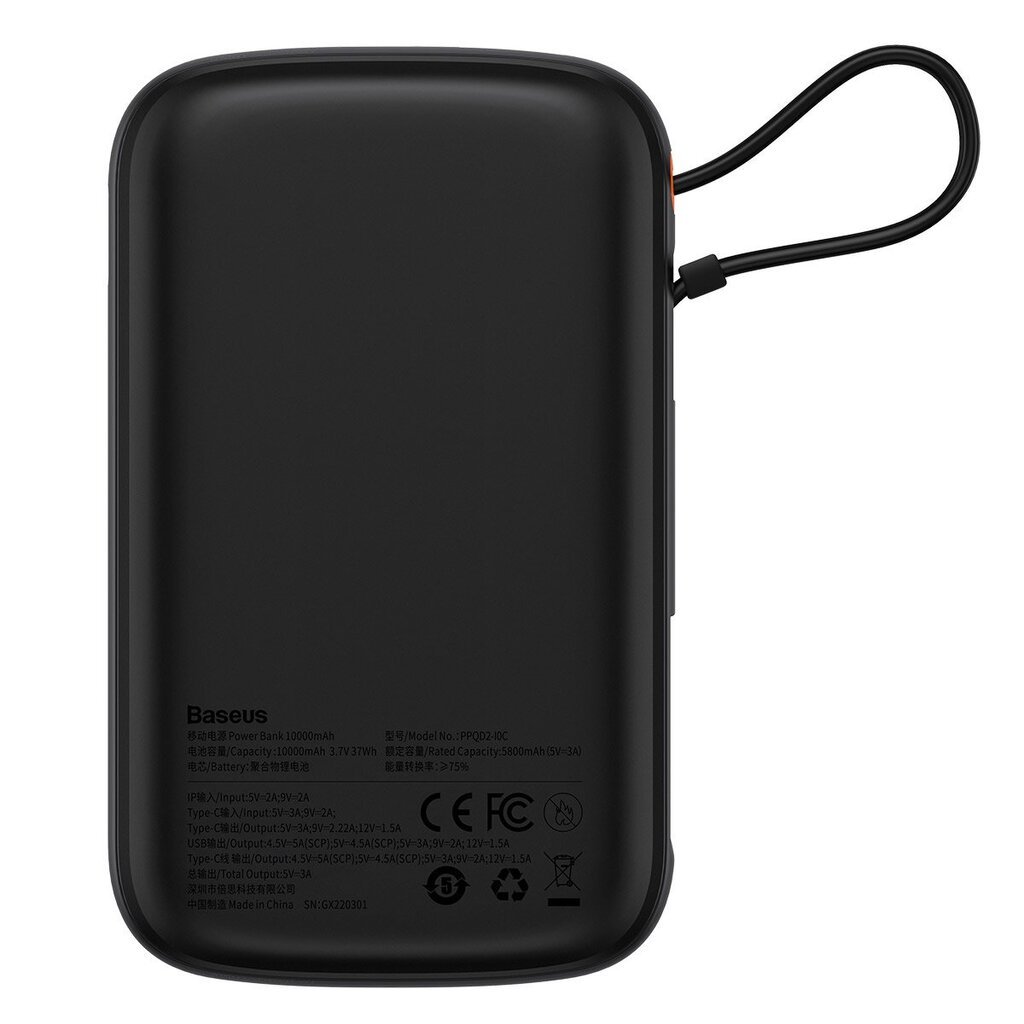 Baseus Qpow power bank 10000mAh built-in USB Type-C cable 22.5W Quick Charge SCP AFC FCP black (PPQD020101) cena un informācija | Lādētāji-akumulatori (Power bank) | 220.lv