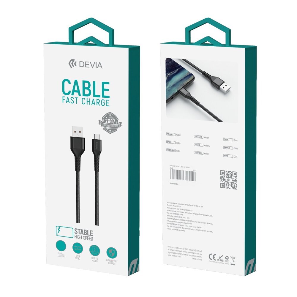 Devia cable Gracious USB - MicroUSB 1,0 m 2,4A black cena un informācija | Savienotājkabeļi | 220.lv