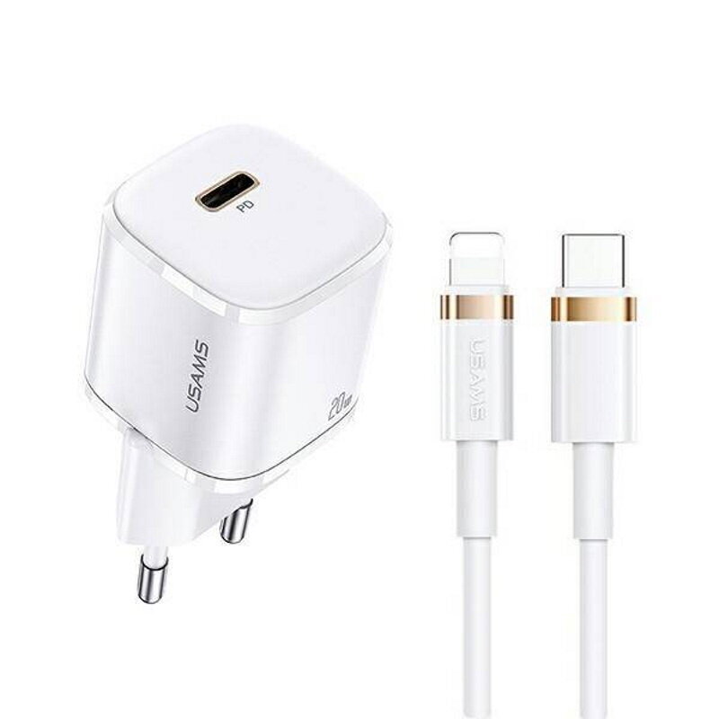 Usams T36 Tīkla lādētājs 20W 1x USB-C ligzdas PD uzlāde + USB-C uz Lightning 1m Vads preikš iPhone 11 12 13 Balta cena un informācija | Lādētāji un adapteri | 220.lv