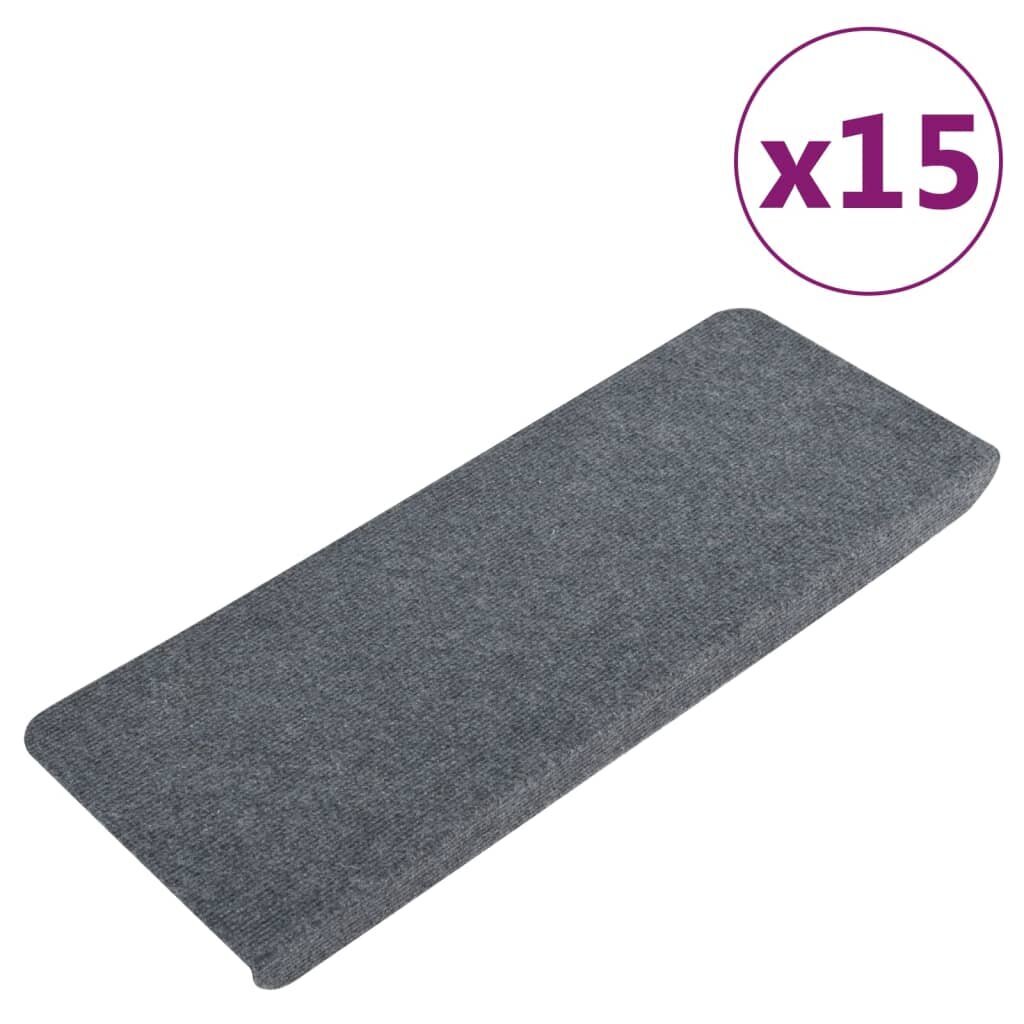vidaXL kāpņu paklāji, 15 gab., pašlīmējoši, 65x28 cm, pelēki cena un informācija | Paklāji | 220.lv