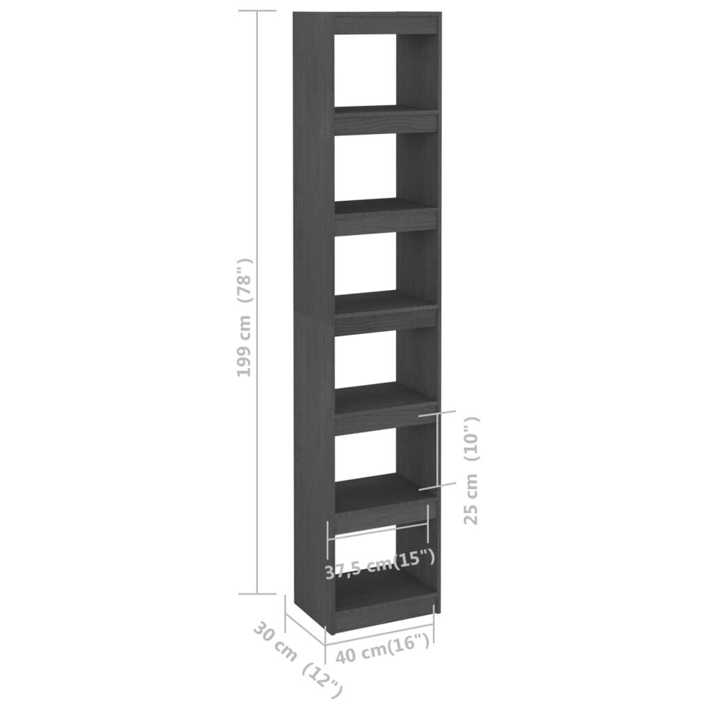 vidaXL grāmatu plaukts, pelēks, 40x30x199 cm, priedes masīvkoks cena un informācija | Plaukti | 220.lv