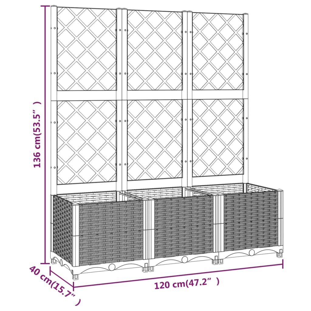 vidaXL dārza puķu kaste ar špaleru, brūna, 120x40x136 cm, PP cena un informācija | Podi stādiem un pārstādīšanai | 220.lv