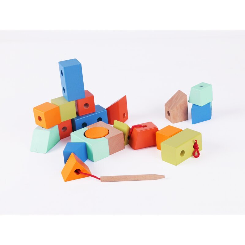 Koka ģeometriskās figūras ar auklu, 21 gab. cena un informācija | Rotaļlietas zīdaiņiem | 220.lv