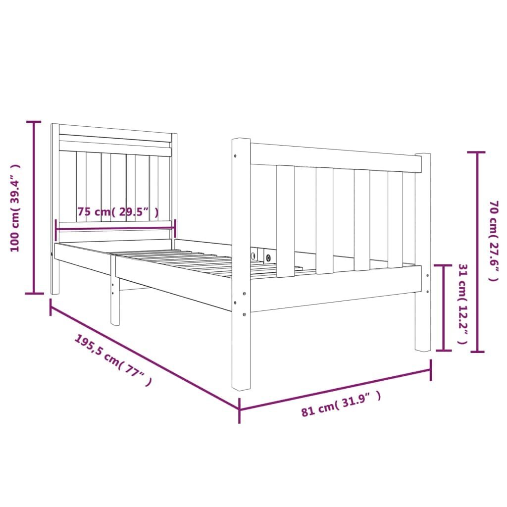 Gultas rāmis 75x190cm, masīvkoks vienvietīgs cena un informācija | Gultas | 220.lv