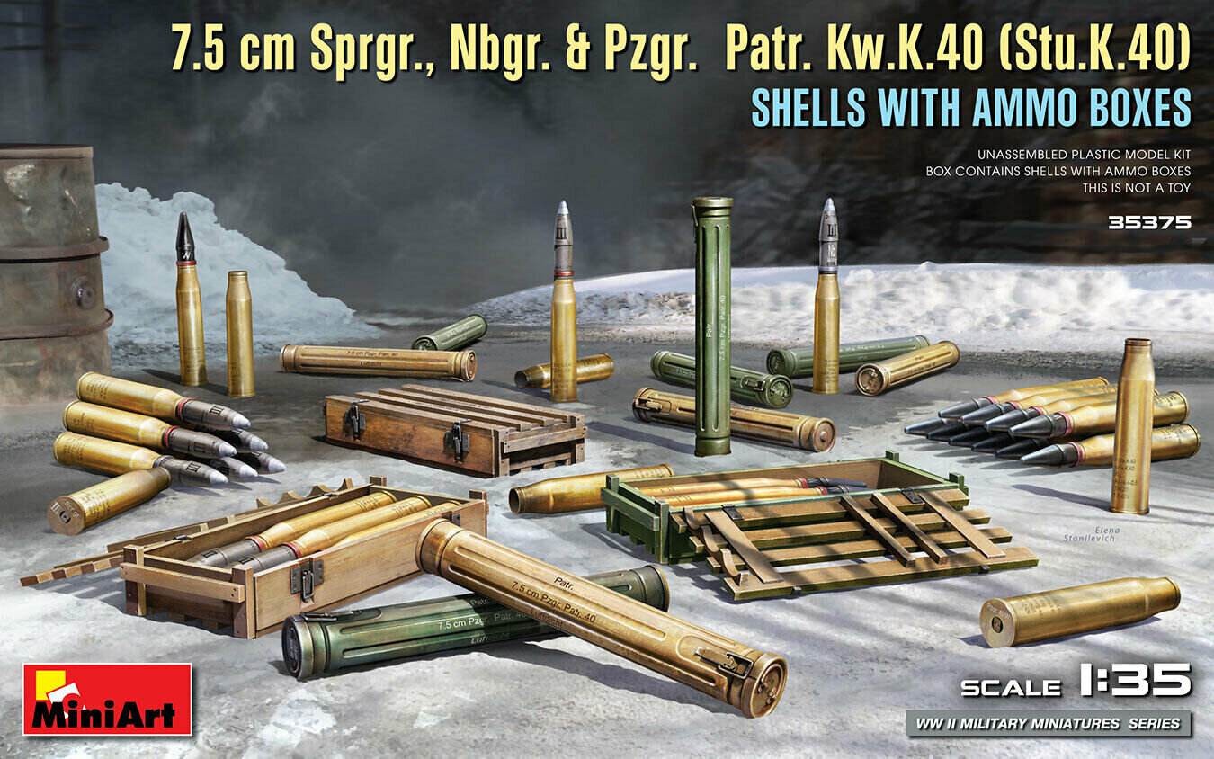 Līmējams modelis MiniArt 35375 7.5 cm Sprgr., Nbgr. & Pzgr. Patr. Kw.K.40 (Stu.K.40) Shells with Ammo Boxes 1/35 cena un informācija | Līmējamie modeļi | 220.lv