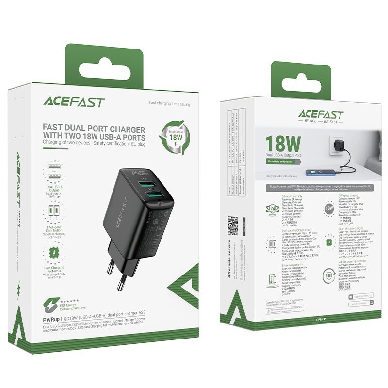 Acefast charger 2x USB 18W QC 3.0, AFC, FCP black (A33 black) цена и информация | Lādētāji un adapteri | 220.lv