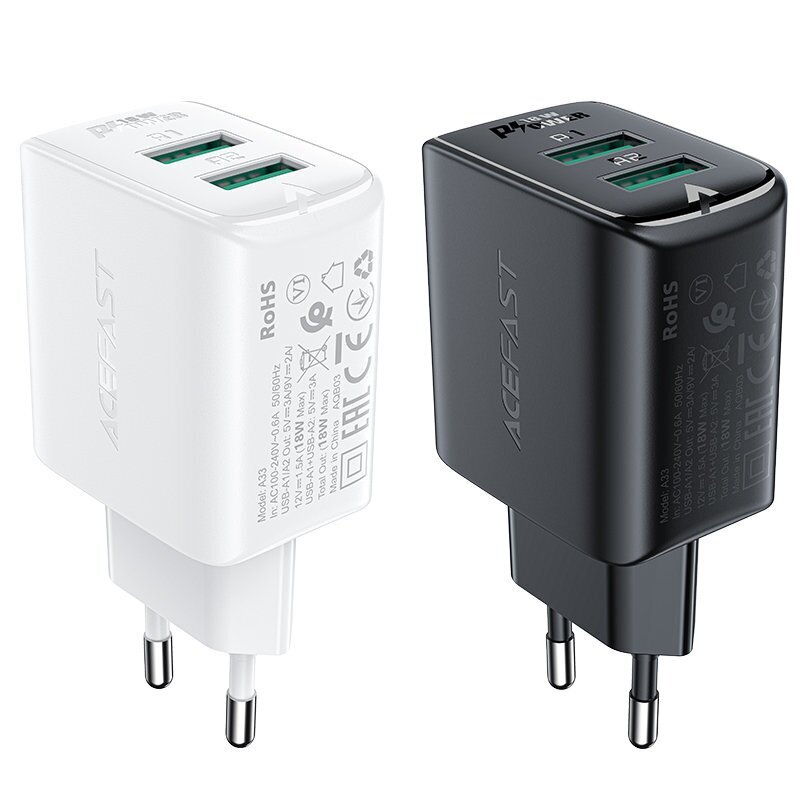 Acefast charger 2x USB 18W QC 3.0, AFC, FCP white (A33 white) cena un informācija | Lādētāji un adapteri | 220.lv