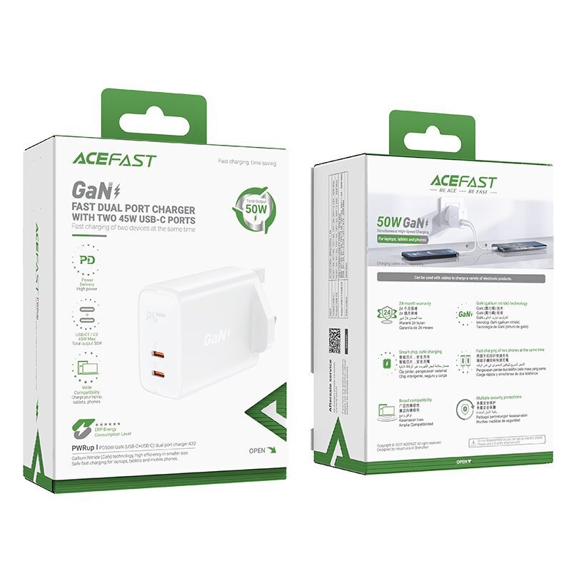 Acefast GaN charger (UK plug) 2x USB Type C 50W, Power Delivery, PPS, Q3 3.0, AFC, FCP (A32 UK) cena un informācija | Lādētāji un adapteri | 220.lv