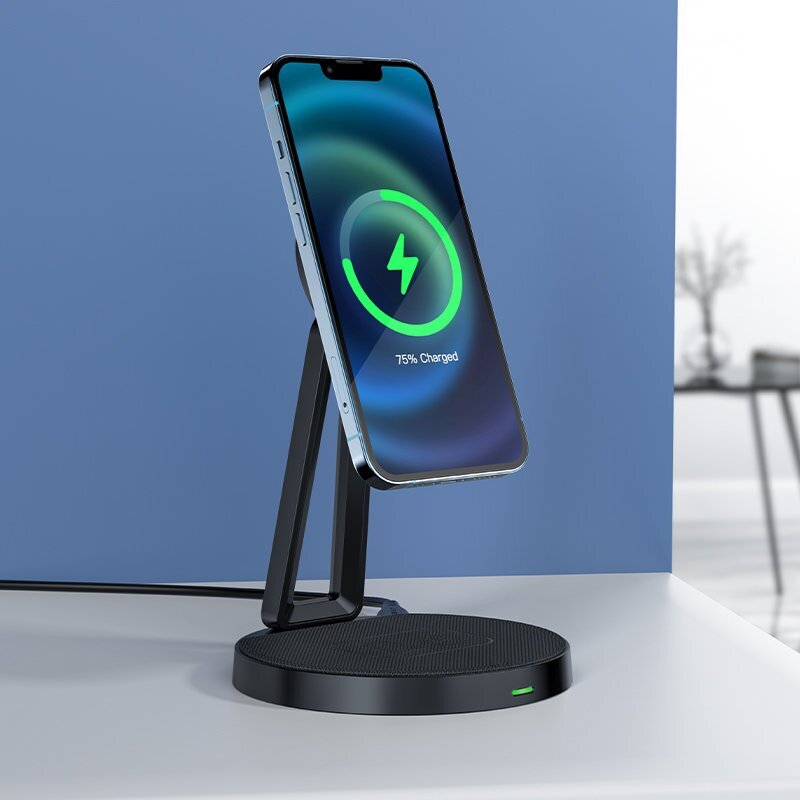 Acefast Qi Wireless Charger 15W for iPhone (with MagSafe) and Apple AirPods Stand Holder Magnetic Holder Black (E8 black) cena un informācija | Lādētāji un adapteri | 220.lv