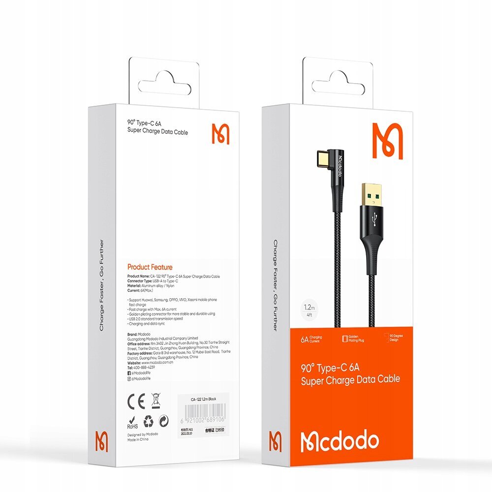 Mcdodo ātrās uzlādes tālruņa kabelis, leņķveida USB-C 65W 6A 2M цена и информация | Savienotājkabeļi | 220.lv