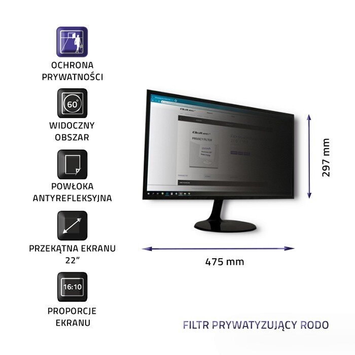 Qoltec 51056 Privacy filter 22" | 16:10 цена и информация | Monitora turētāji | 220.lv