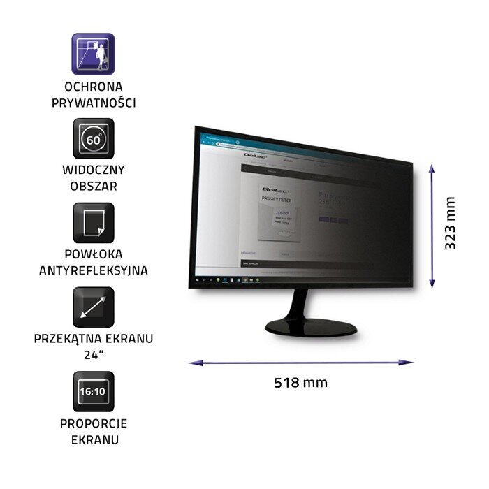 Qoltec 51061 Privacy filter 24" | 16:10 цена и информация | Monitora turētāji | 220.lv