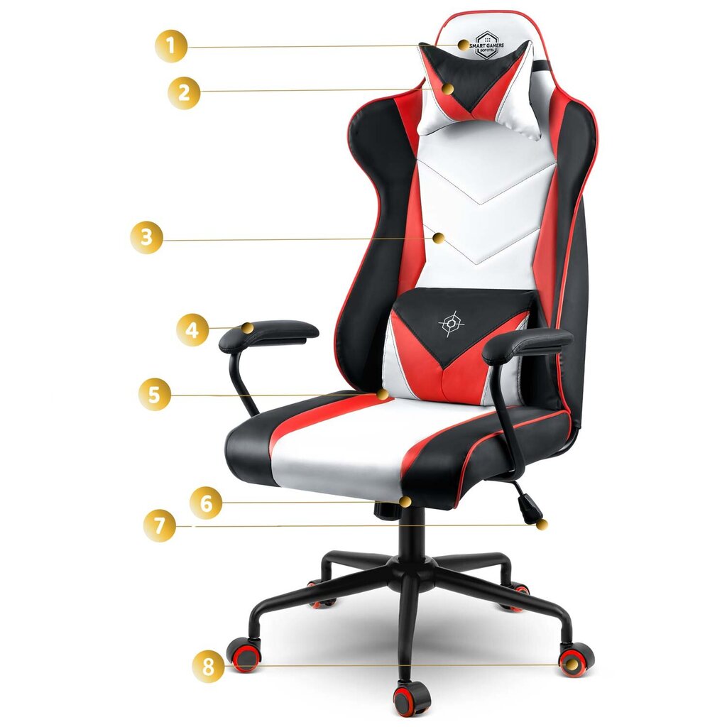Spēļu krēsls, Smart Gamers balts sarkans melns cena un informācija | Biroja krēsli | 220.lv
