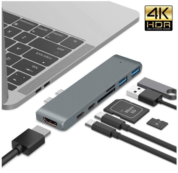 Adapteris 7in1 HUB USB-C HDMI 4K SD 2x USB 3.0 Thunderbolt 3.0 Macbook Pro / Air M1 M2 cena un informācija | Adapteri un USB centrmezgli | 220.lv