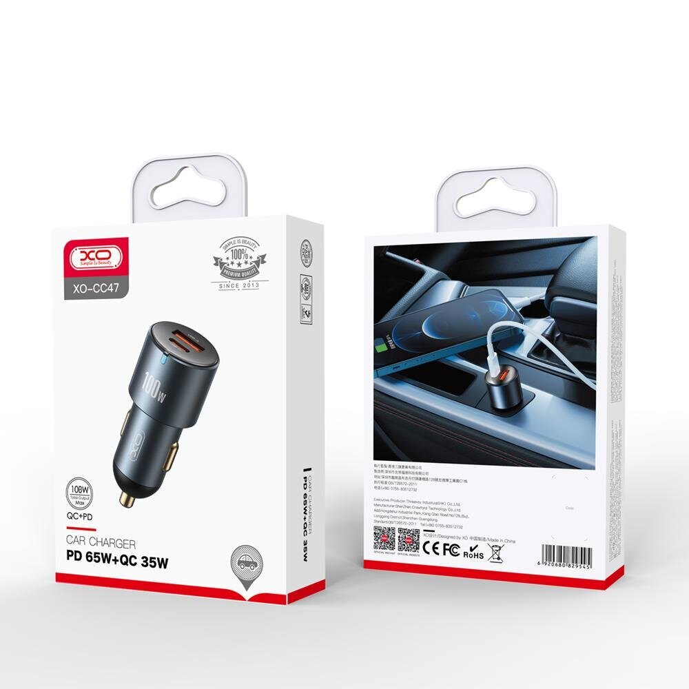 XO auto lādētājs CC47 PD QC 3.0 100W 1x USB 1x USB-C, tumši pelēks cena un informācija | Lādētāji un adapteri | 220.lv