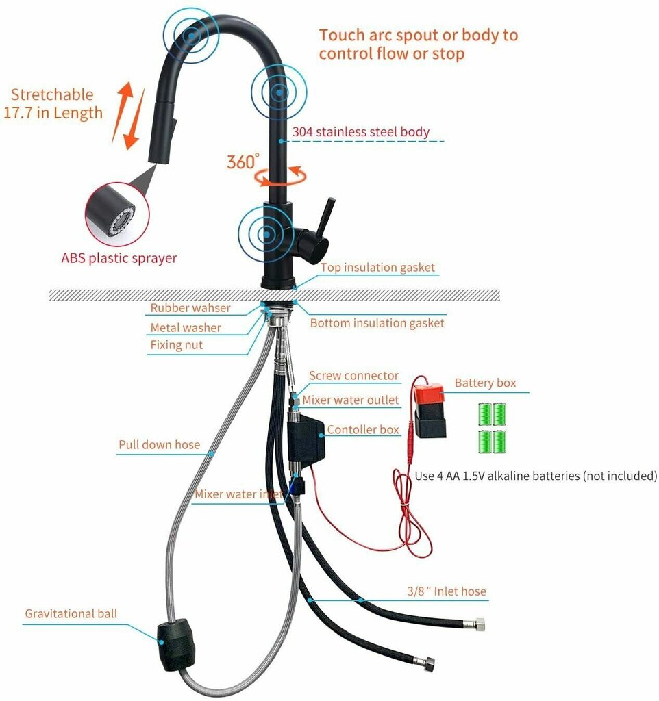 Sensora virtuves jaucējkrāns ar izvelkamu izteku, grozāms 360°, melni matēts cena un informācija | Ūdens maisītāji virtuvei | 220.lv