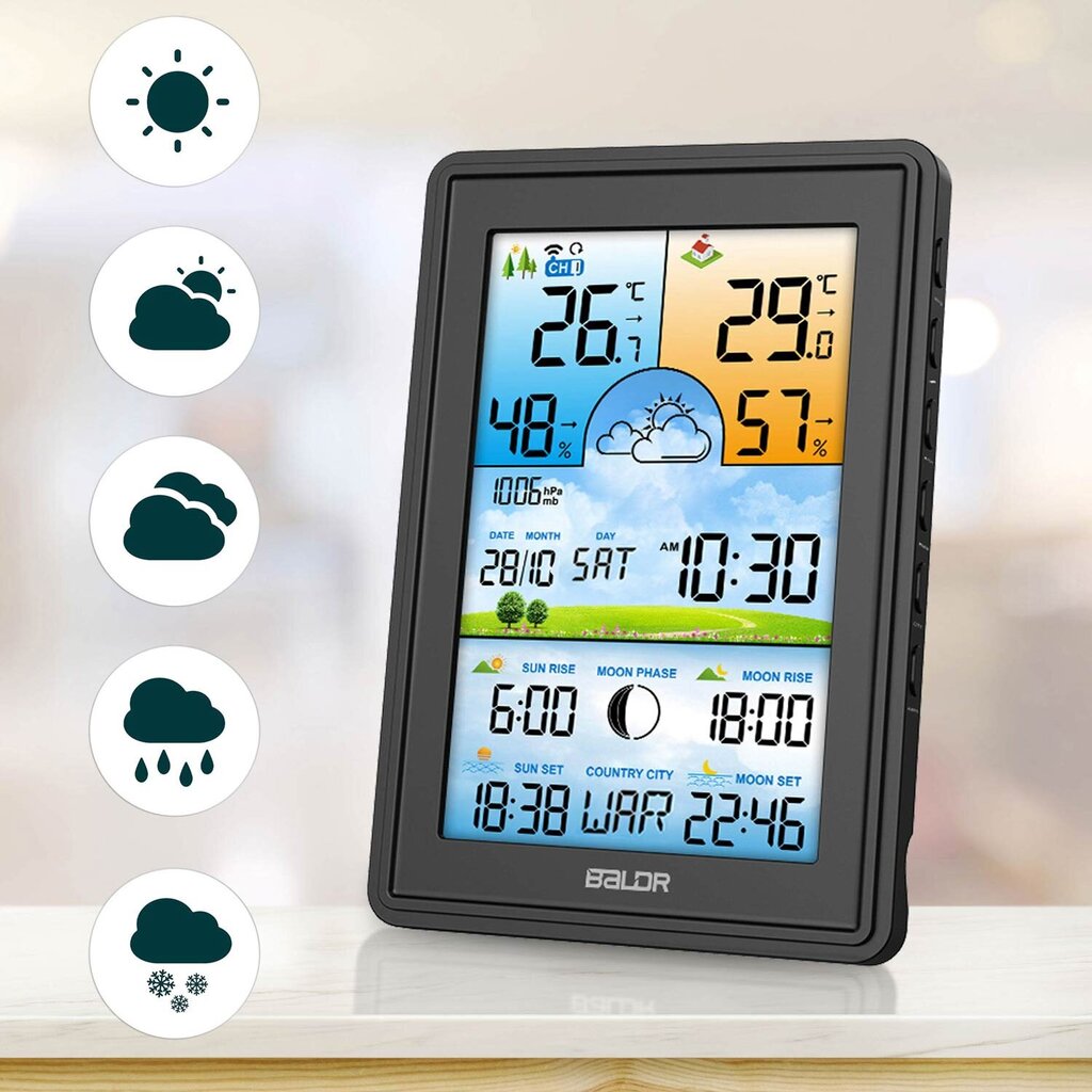 Meteoroloģiskā stacija ar displeju, melna cena un informācija | Meteostacijas, āra termometri | 220.lv