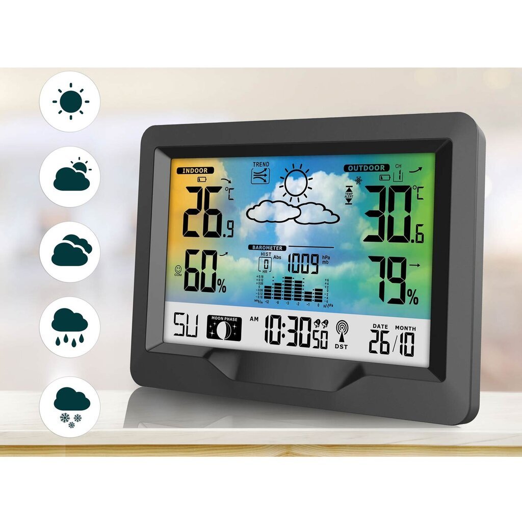 Laika stacijas ar ekrānu, melns цена и информация | Meteostacijas, āra termometri | 220.lv