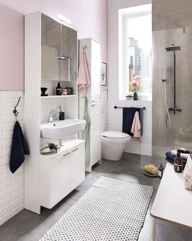 Vannas istabas skapis ir skapītis ar spoguli Luis, balta glancēta цена и информация | Vannas istabas skapīši | 220.lv