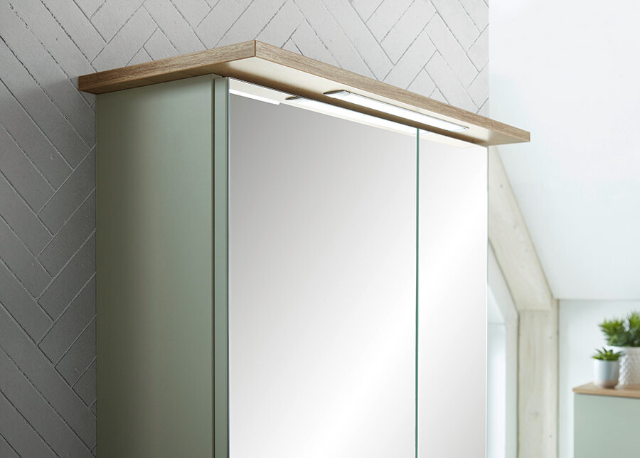 Spoguļstikla skapis ar LED apgaismojumu 84-I salvijas zaļš / ozols cena un informācija | Vannas istabas skapīši | 220.lv