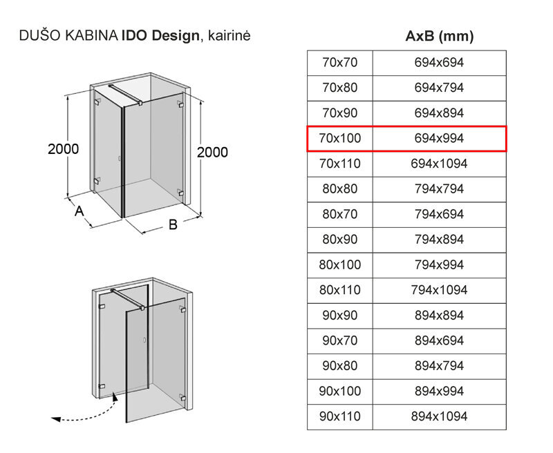 Dušas kabīne IDO Design, kreisās puses 70x100 cena un informācija | Dušas kabīnes | 220.lv