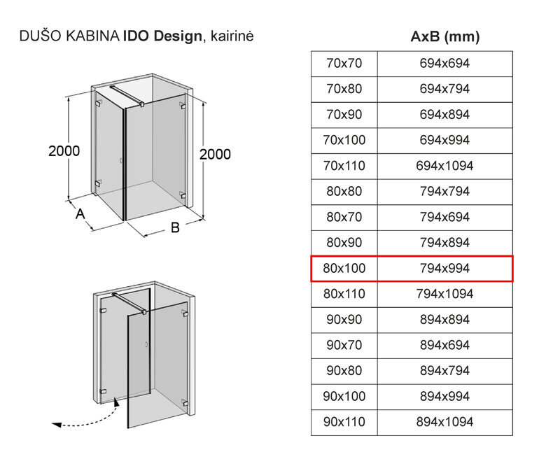 Dušas kabīne IDO Design, kreisās puses 80x100 cena un informācija | Dušas kabīnes | 220.lv