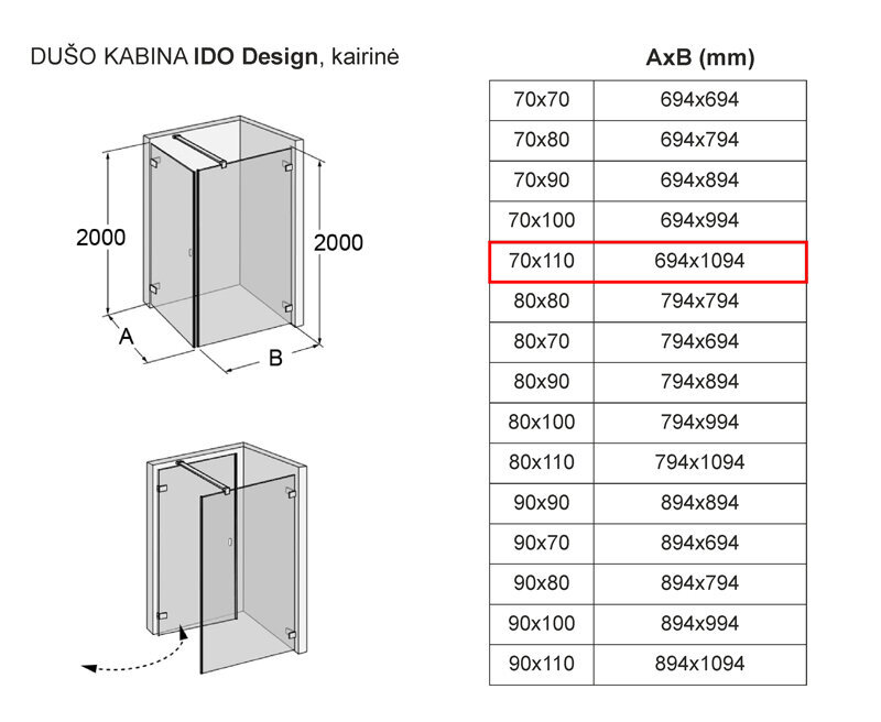 Dušas kabīne IDO Design, kreisās puses 70x110 цена и информация | Dušas kabīnes | 220.lv