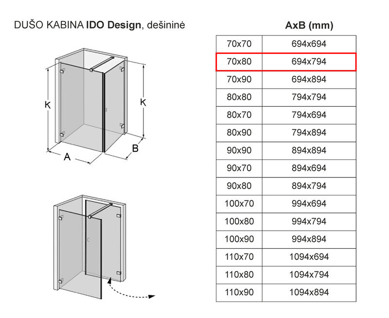 Dušas kabīne IDO Design, labās puses 70x80 cena un informācija | Dušas kabīnes | 220.lv