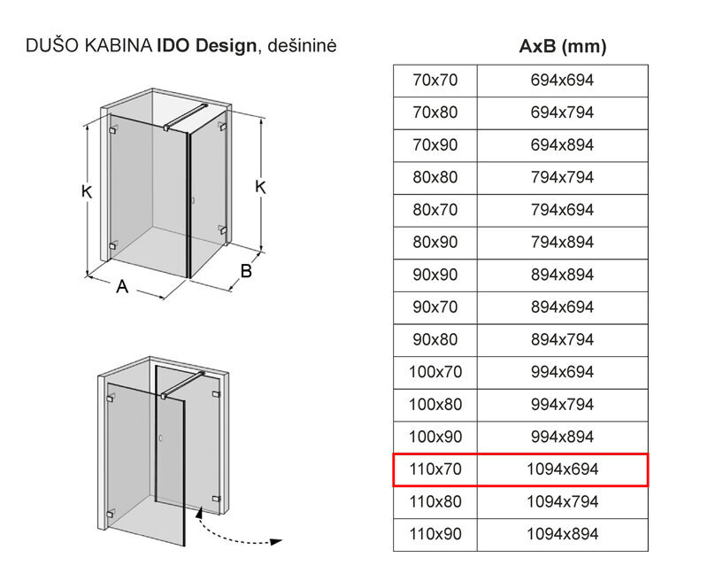 Dušas kabīne IDO Design, labās puses 110x70 cena un informācija | Dušas kabīnes | 220.lv