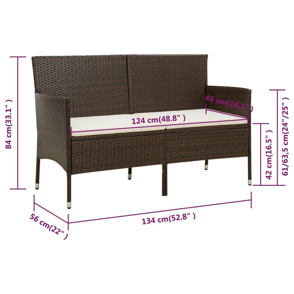 vidaXL trīsvietīgs dārza dīvāns ar matračiem, brūna PE rotangpalma cena un informācija | Dārza krēsli | 220.lv