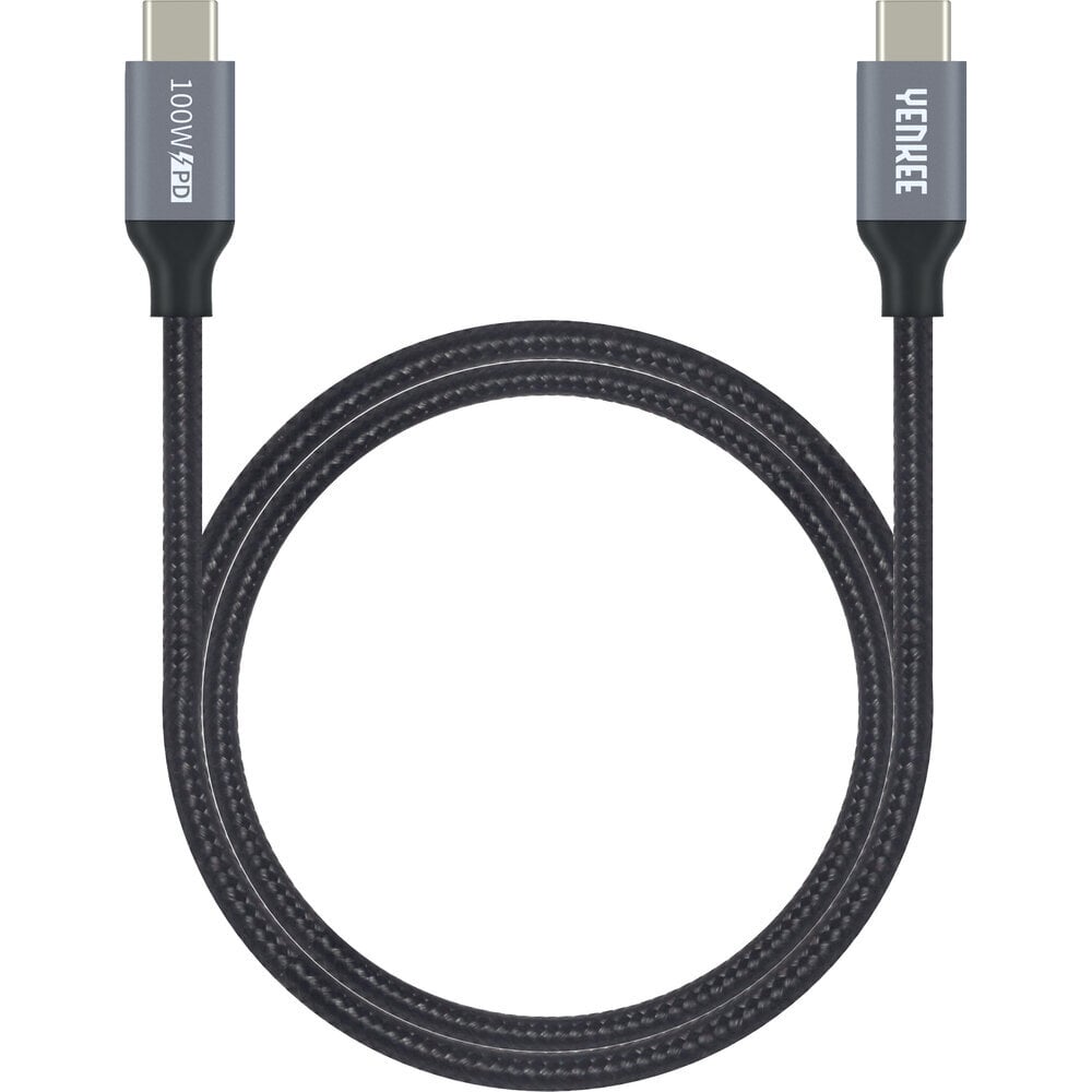 Pītais vads YENKEE, 3.1 (Gen 2) USB C - USB C, 10Gb/s, 20V/5A, 100W, 1.5m, alumīnija korpuss, melns цена и информация | Savienotājkabeļi | 220.lv