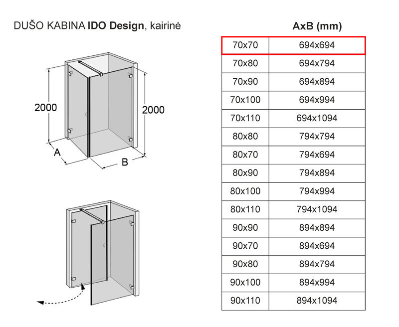 Dušas kabīne IDO Design, kreisās puses 70x70 cena un informācija | Dušas kabīnes | 220.lv