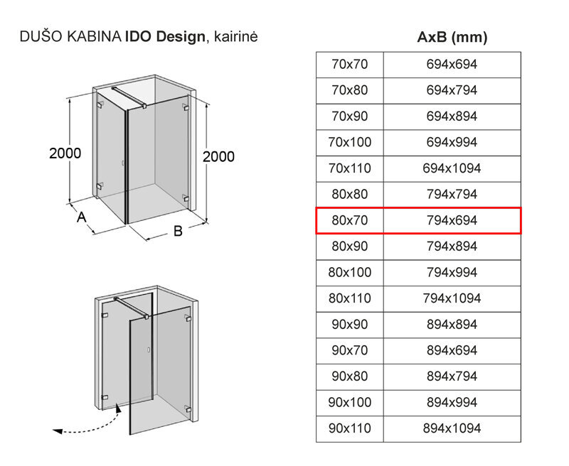 Dušas kabīne IDO Design, kreisās puses 80x70 cena un informācija | Dušas kabīnes | 220.lv