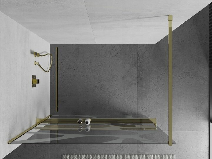 Walk-in dušas siena Mexen Kioto+ ar plauktu, gold/stikls ar rakstu, 70,80,90,100,110,120,130,140x200 cm kaina ir informacija | Dušas durvis, dušas sienas | 220.lv