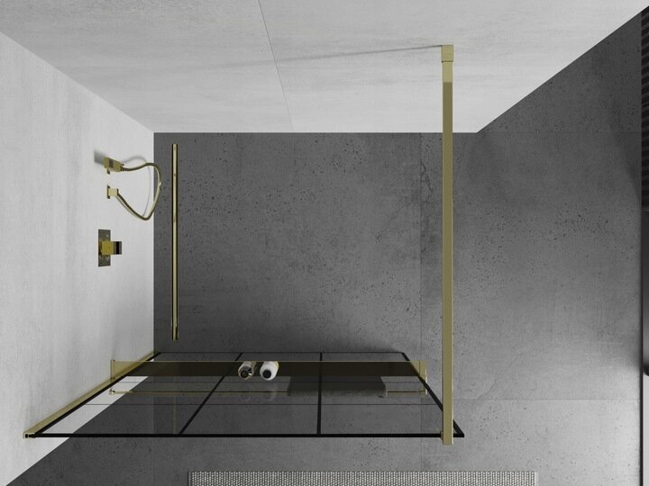 Walk-in dušas siena Mexen Kioto+ ar plauktu, gold/melns raksts, 70,80,90,100,110,120,130,140x200 cm cena un informācija | Dušas durvis, dušas sienas | 220.lv