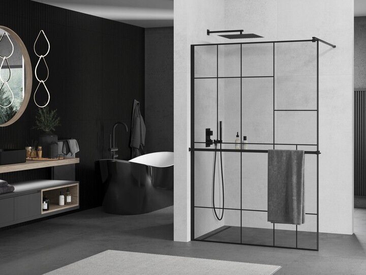 Walk-in dušas siena Mexen Kioto+ ar plauktu, black/melns raksts, 70,80,90,100,110,120,130,140x200 cm цена и информация | Dušas durvis, dušas sienas | 220.lv