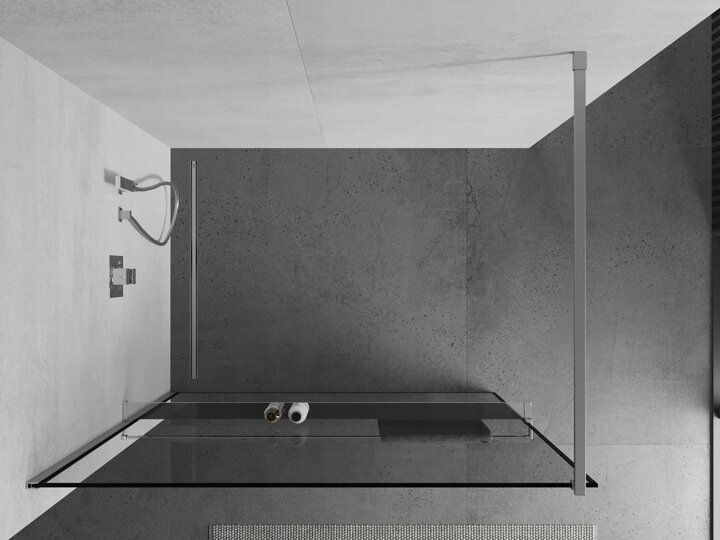Walk-in dušas siena Mexen Kioto+ ar plauktu, chrome/black frame, 70,80,90,100,110,120,130,140x200 cm cena un informācija | Dušas durvis, dušas sienas | 220.lv