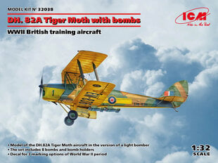 Līmējošais modelis ICM 32038 WWII British training aircraft DH. 82A Tiger Moth with bombs 1/32 цена и информация | Склеиваемые модели | 220.lv
