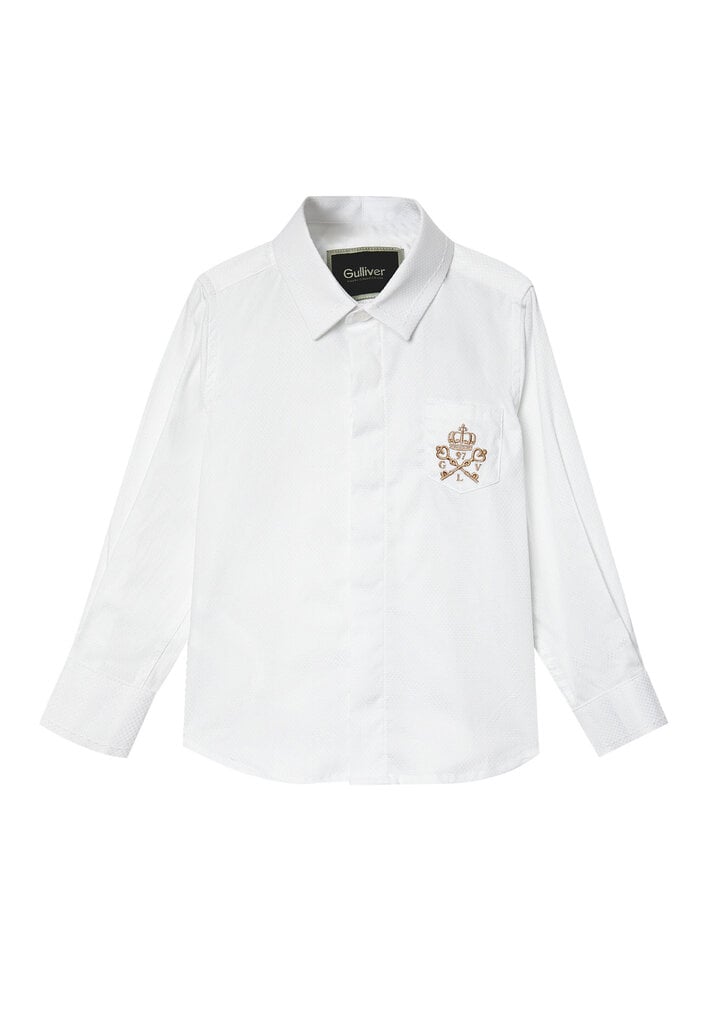 Krekls balts ar zeltītu izšuvumu uz kabatas zēniem Gulliver цена и информация | Zēnu krekli | 220.lv