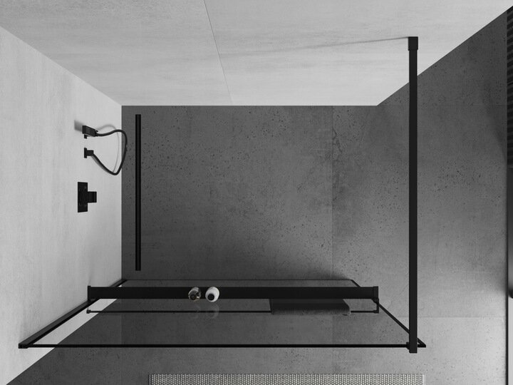 Walk-in dušas siena Mexen Kioto+ ar plauktu, black/black frame, 70,80,90,100,110,120,130,140x200 cm cena un informācija | Dušas durvis, dušas sienas | 220.lv
