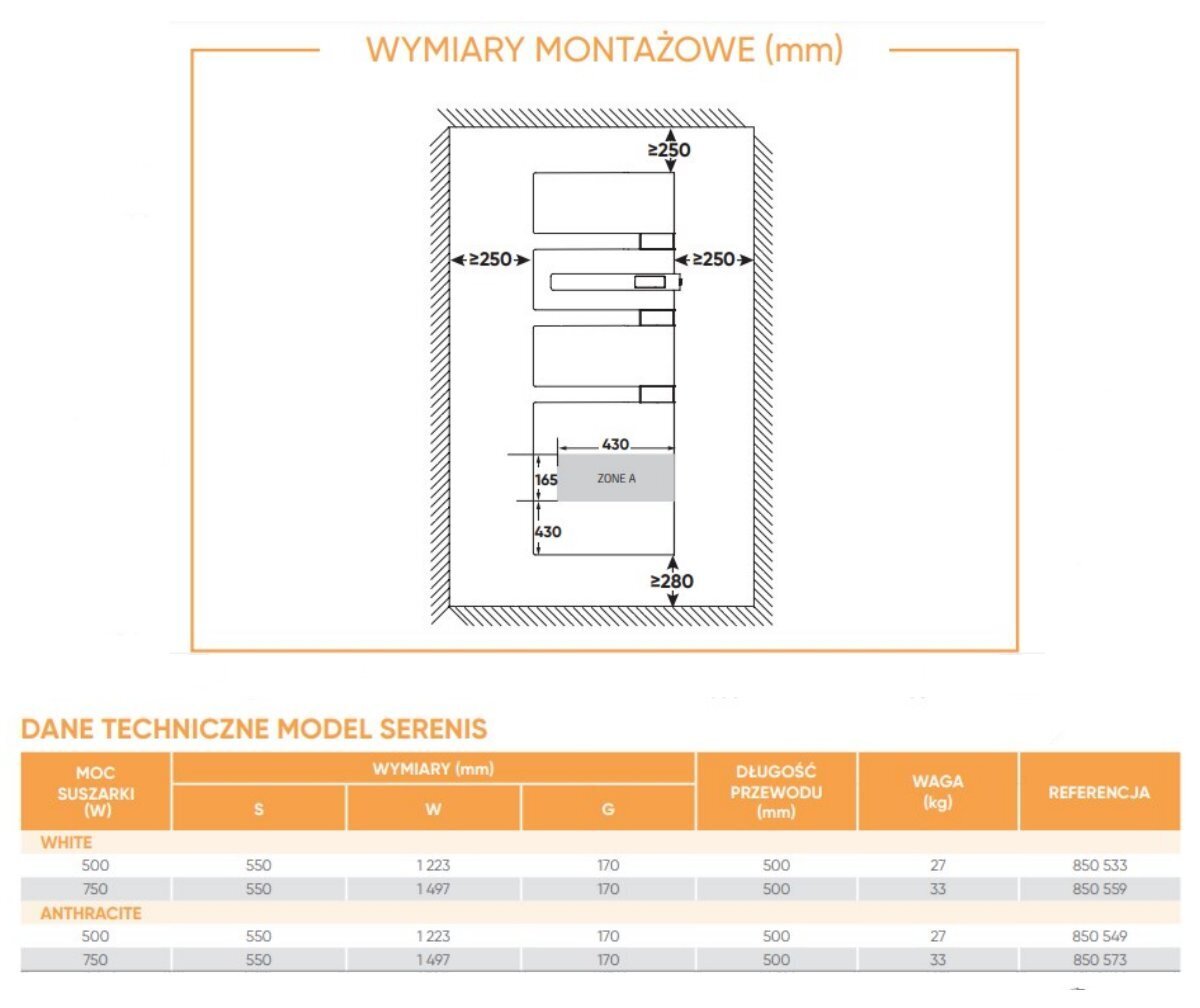 Dvieļu žāvētājs ATLANTIC, elektriskais 750 W SERENIS ANTHRACITE, antracīta цена и информация | Dvieļu žāvētāji | 220.lv