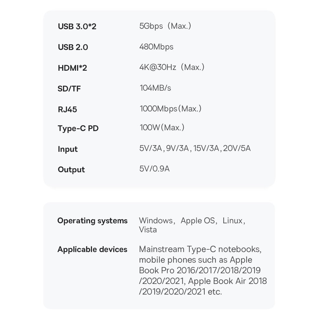 Baseus Metal Gleam Series Docking Station HUB 9 in 1 USB Type C - 2 x HDMI / 2 x USB 3.2 Gen. 1/1 x USB 2.0 / 1 x Power Delivery / 1 x SD card reader / 1 x TF card reader / 1 x RJ-45 gray (WKWG060013) цена и информация | Adapteri un USB centrmezgli | 220.lv