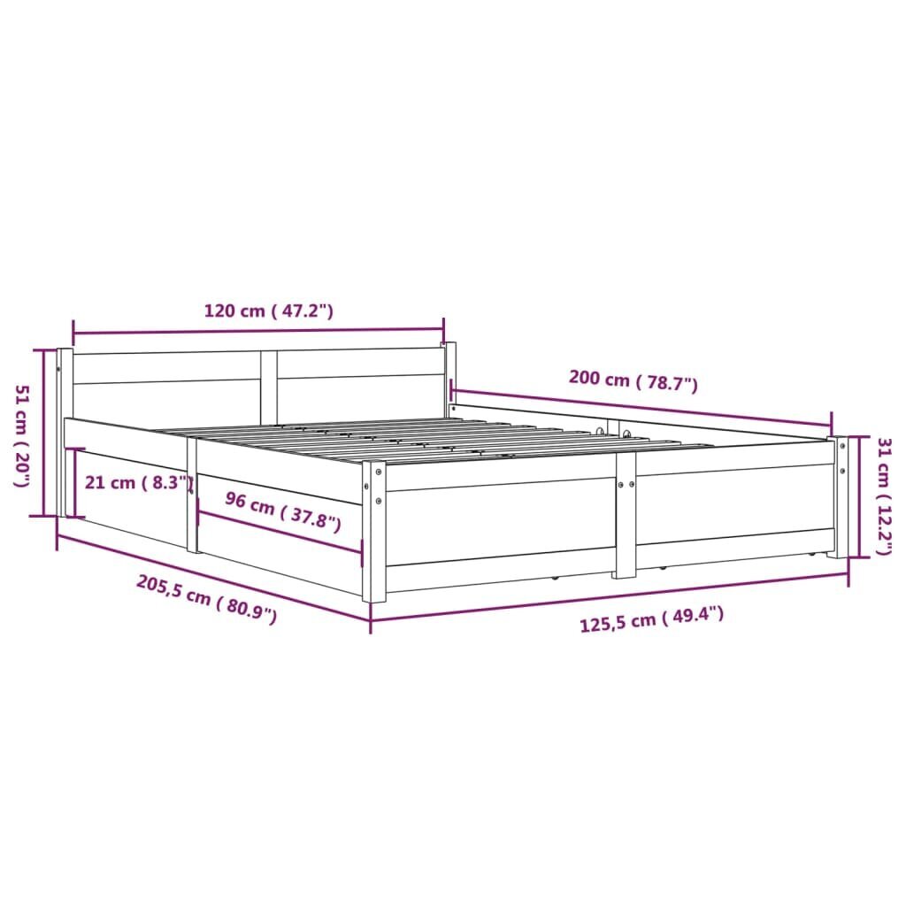 Gultas rāmis ar atvilktnēm, 120x200cm cena un informācija | Gultas | 220.lv