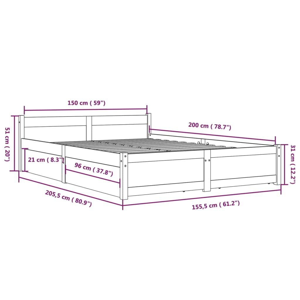 Gultas rāmis ar atvilktnēm, balts, 150x200cm cena un informācija | Gultas | 220.lv