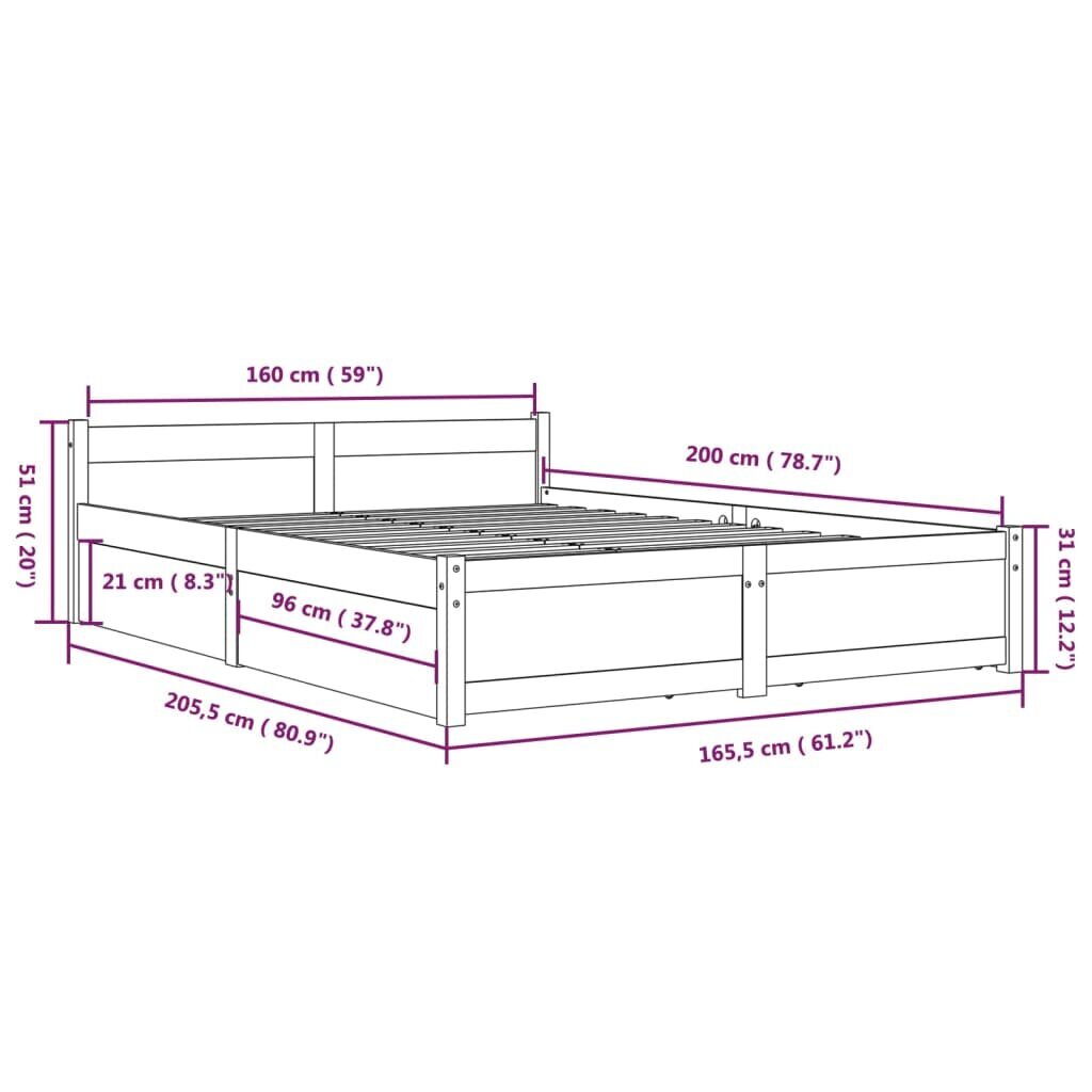 Gultas rāmis ar atvilktnēm, melns, 160x200cm cena un informācija | Gultas | 220.lv