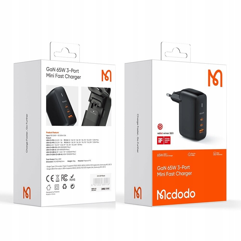 MCDODO GaN 3.0 FAST LAPTOP, MOBILO TELEFONU UZLĀDZĒJS USB-C PD USB-A 65W цена и информация | Akumulatoru lādētāji | 220.lv