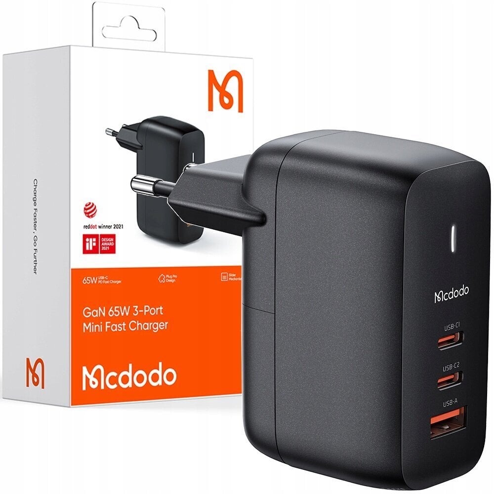 MCDODO GaN 3.0 FAST LAPTOP, MOBILO TELEFONU UZLĀDZĒJS USB-C PD USB-A 65W cena un informācija | Akumulatoru lādētāji | 220.lv