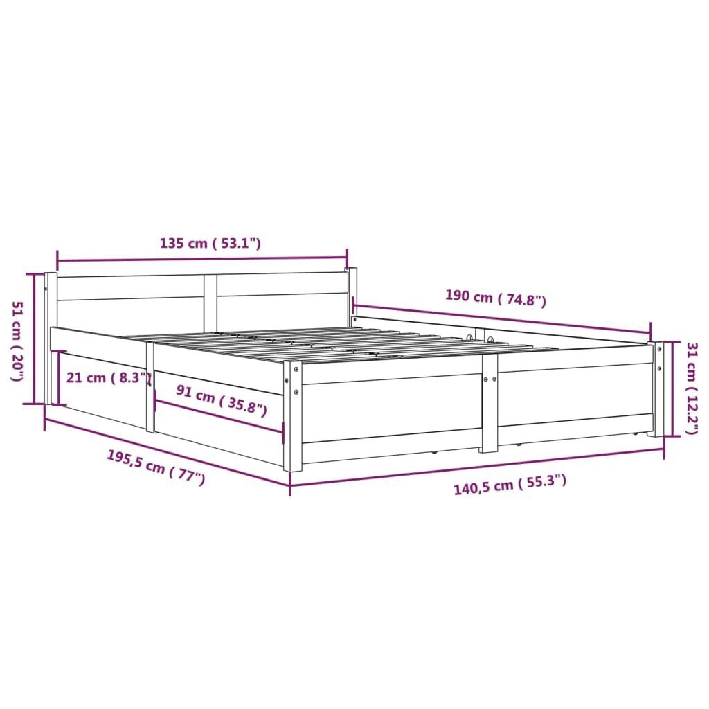 Gultas rāmis ar atvilktnēm, 135x190cm, divvietīgs cena un informācija | Gultas | 220.lv